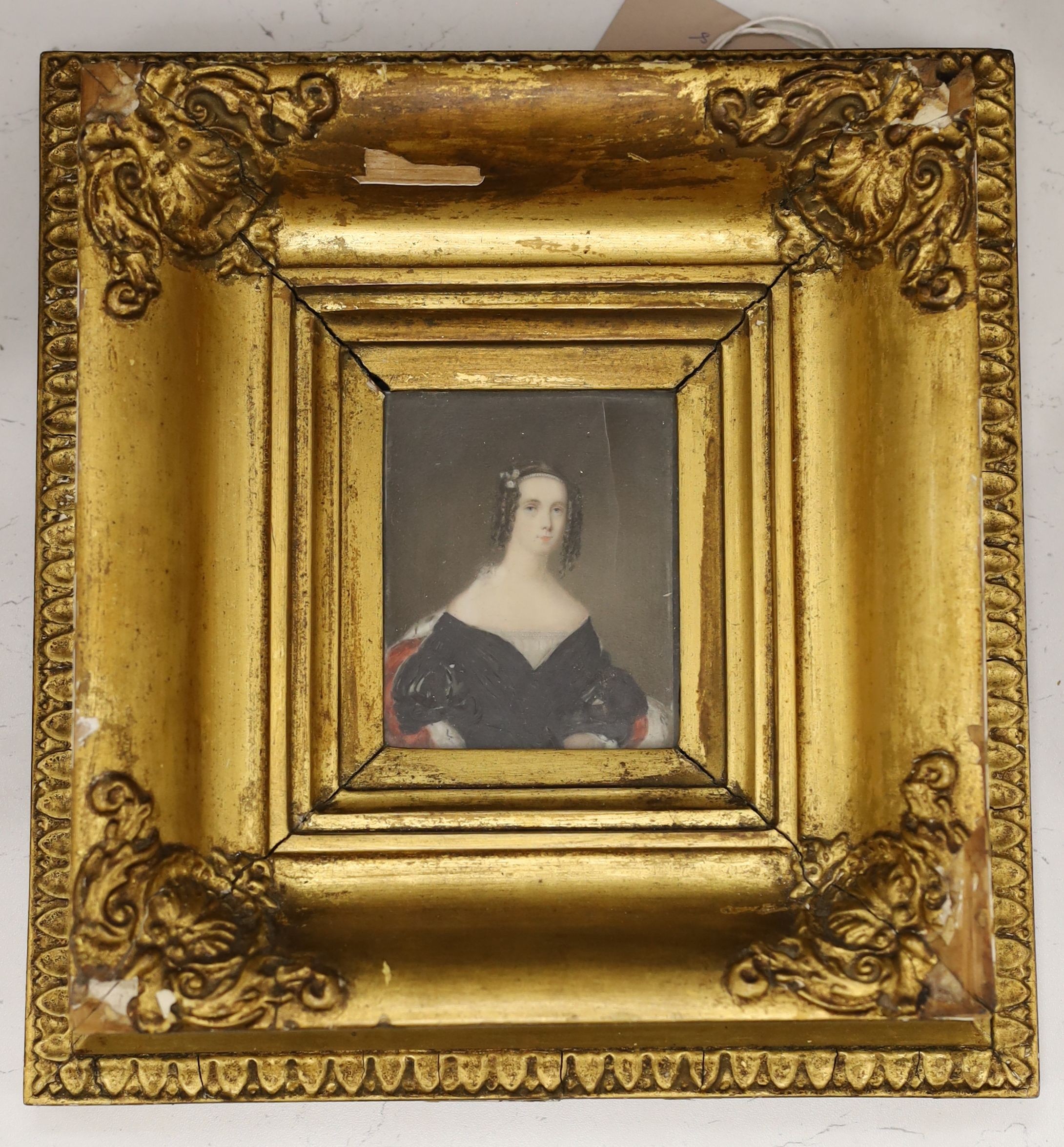 Victorian School, watercolour on ivory, Miniature portrait of lady wearing a black dress, 10 x 8cm, cracked